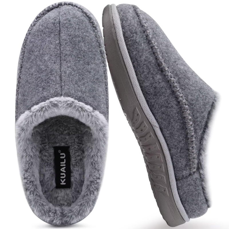 KuaiLu Mens Comfort Memory Foam Moccasin Slippers Slip On House Shoes Warm Plush Fleece Lind With Indoor/Outdoor Rubber Sole Grey Size 6 - Image 1